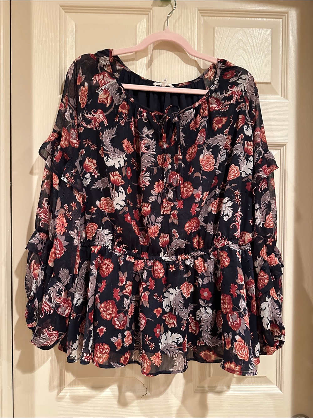 Maurices Navy Floral Ruffle Peasant Blouse